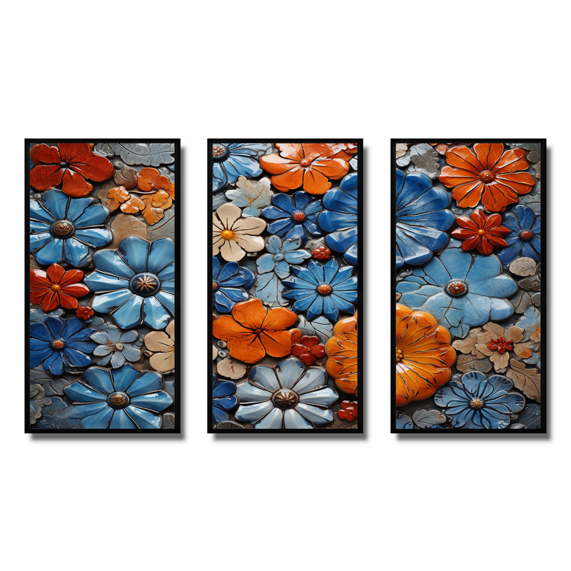 Floral bohème bleu et orange mosaïque 1 - Boho mosaïque murale, H 28 po x l 36 po x P 1 po, Cadre flottant noir