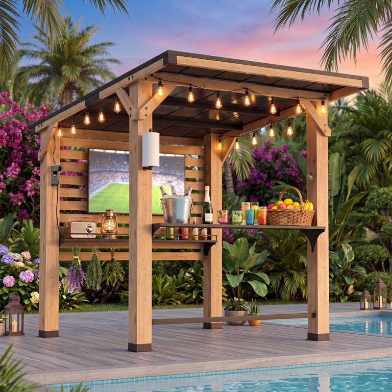 6'x8' Cedar Wood Outdoor Bar & Grill Gazebo, Built-in Power Outlets & TV Mount for Backyard Deck Garden BBQ Entertainment