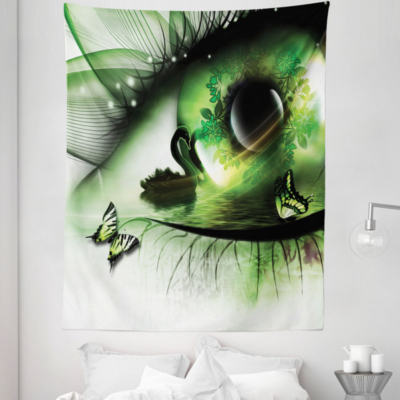 Surreal Natural Art a Swan Floating in Eye and Flying Butterflies Tapestry, 223.52cm H x 172.72cm W