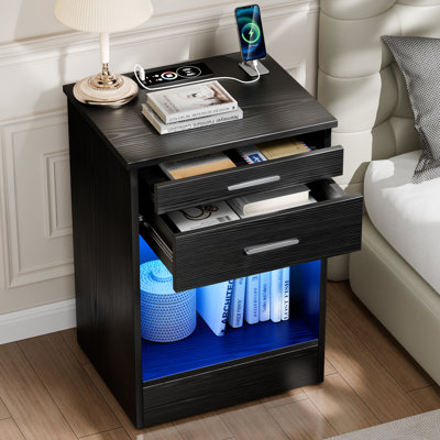 Black Nightstand With RFID Lock Cabinet & Wireless Charging Station, Bedside Table With LED Lights & Human Body Senor, End Side Table With Hidden Comp by Wrought Studio