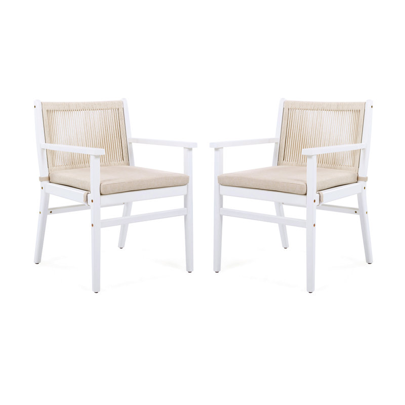 Ensemble de 2 chaises de salle à manger d'extérieur, fauteuil de patio en bois d'acacia avec dossier en corde et coussin hydrofuge, structure blanche, capacité de poids de 400 lb