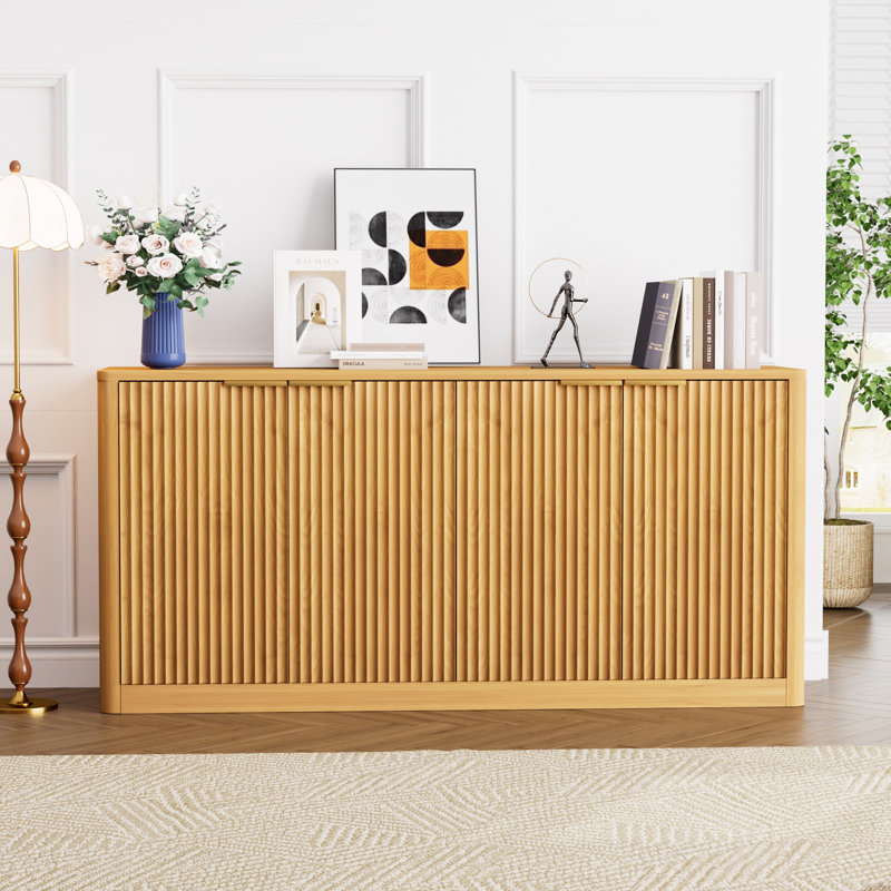59'' Fluted 4-Door Sideboard Buffet Cabinet With Storage For Kitchen, Living Room, Natural