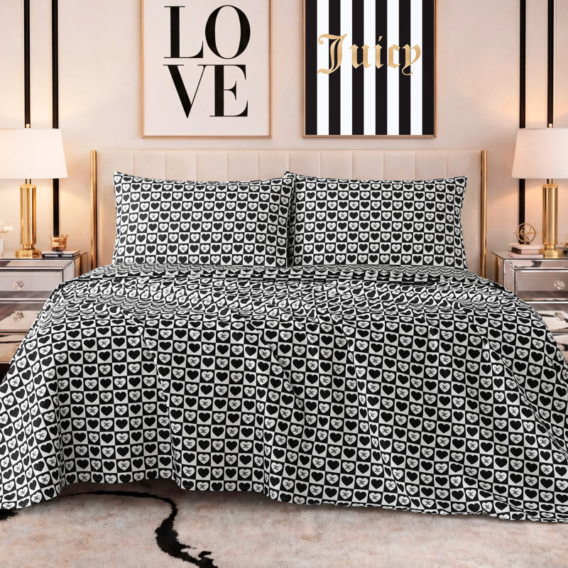 Juicy Couture Printed Microfiber Sheet Set, Logo Checkerboard Heart, Twin