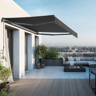 Auvent de patio rétractable l 13 pi x P 9,8 po Canopee avec manivelle manuelle 300 g POLY, noir