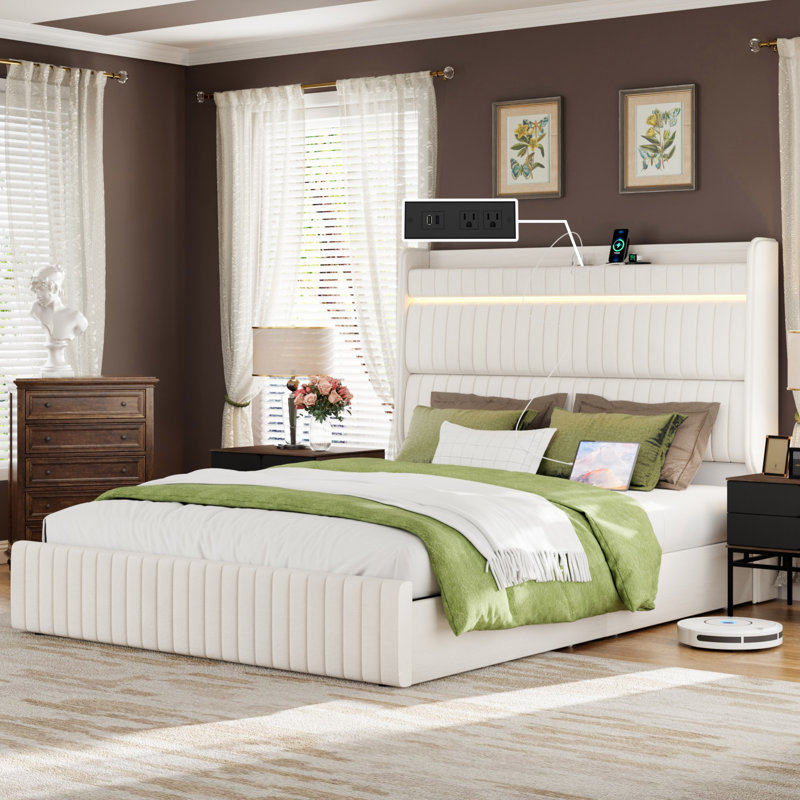 Cadre de lit élégant et stable avec tête de lit bandée beige, Grand