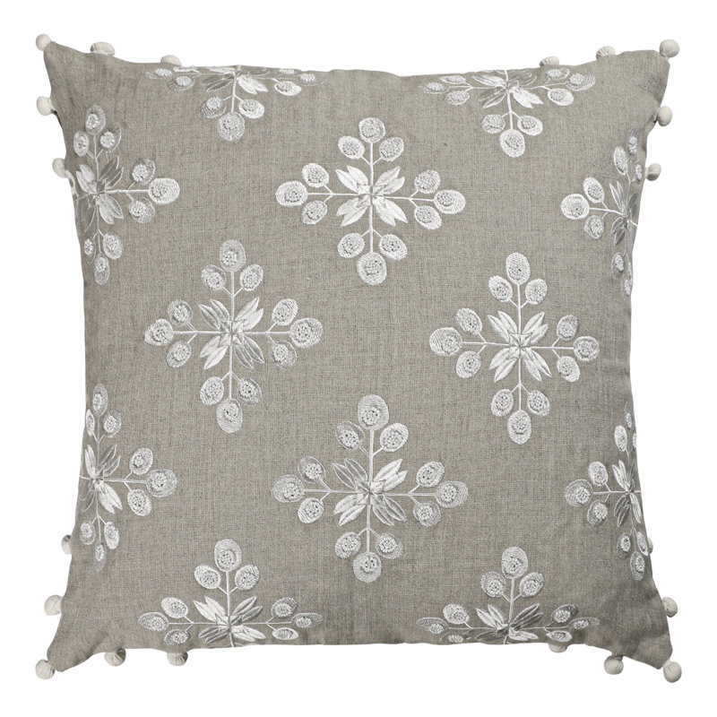 Housse de coussin carré 100% lin, Housse de coussin seulement - sans coussin, Motif floral gris / beige