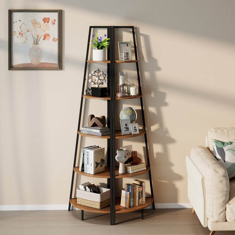  5-Tier Corner Bookshelf with Metal Frame & Wood Ladder Shelves, 72" Tall Bookcase, Plant Stand for Bedroom, Living Room, Office