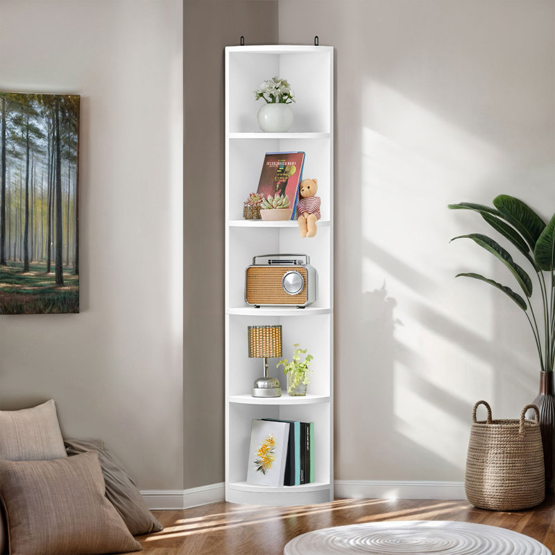 Bibliothèque d'angle à 5 niveaux avec tablette de rangement compacte pour le salon, la chambre à coucher ou le bureau, Blanc