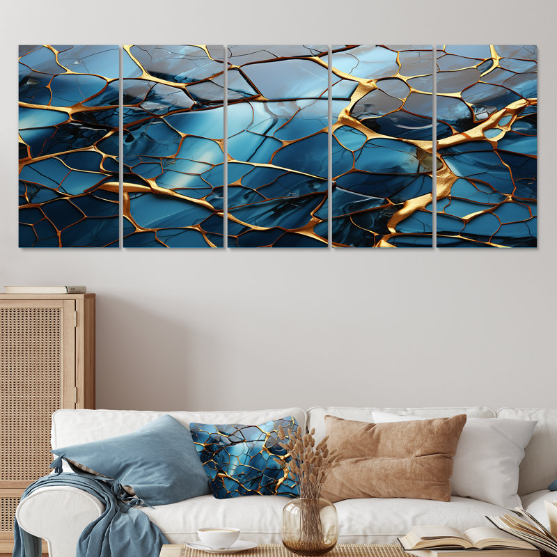Or et mosaïque en marbre doré et agate I - art mural abstrait 5 pièces pour le salon, H 28 po x l 60 po