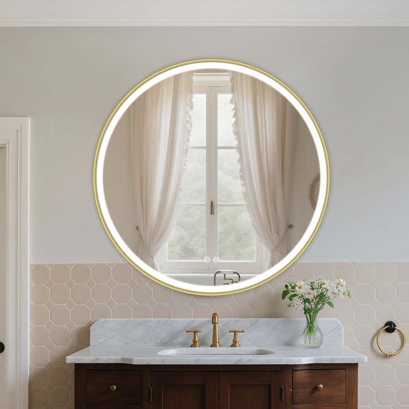 Miroir doré à cadre doré rond, luminosité réglable, 3 couleurs, antibuée, contrôle tactile, à brancher