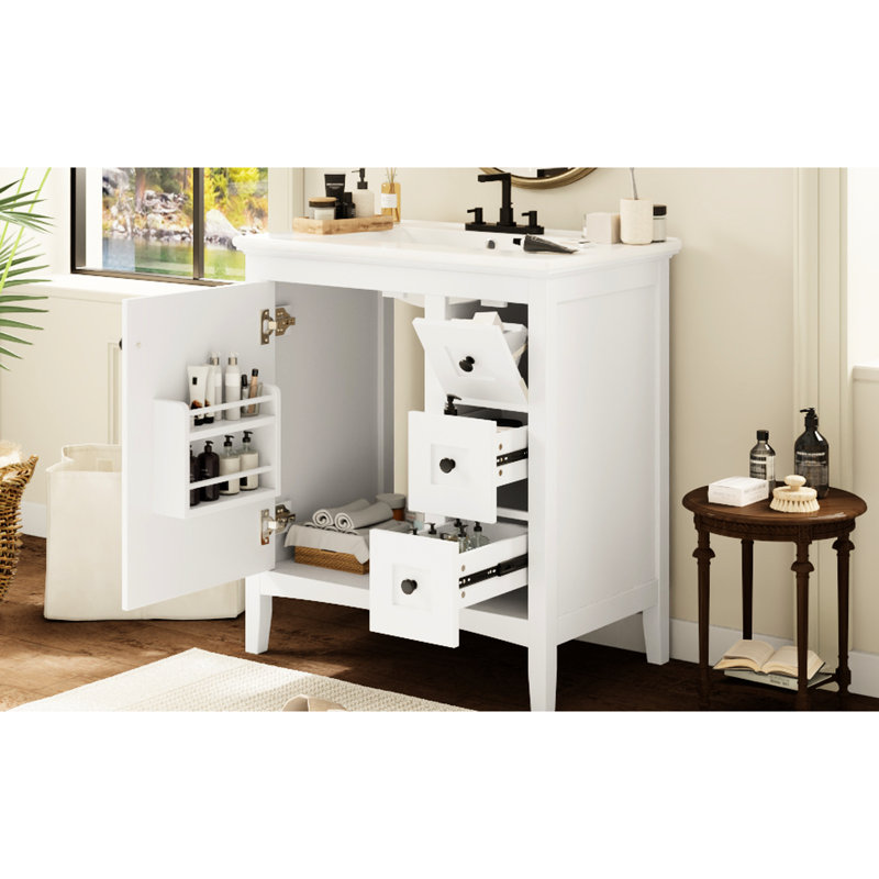 Meuble-lavabo de 30 po avec lavabo en céramique - Armoire moderne en bois massif à 3 tiroirs et portes lisses, Blanc