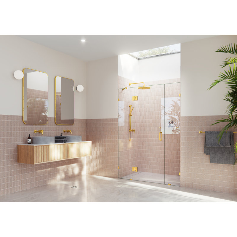 Stellar 64 in. W x 78 in. H Fully Frameless 3 Panel Inline Glass Hinged Shower Enclosure, Satin Brass