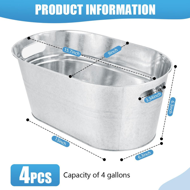 Ensemble de 4 bacs à glace en métal galvanisé de 4 gallons - Grand seau à boisson étanche pour les fêtes, la cour, le bar et la maison