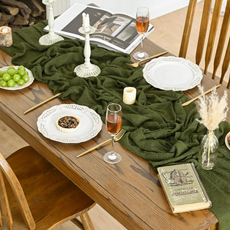 Olive Green Boho Gauze Wedding Cheesecloth Table Runner 400 cm | Christmas Seasonal Spring Bridal Fabric Kitchen Dining Holiday Table Decor for Home Party