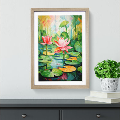 Water Lily Pond Cubism - Single Picture Frame Print on Wood