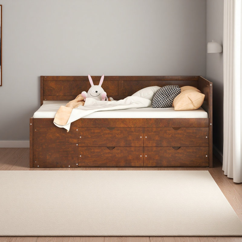Lit de jour avec tiroirs et tablettes, Noyer, Lit simple
