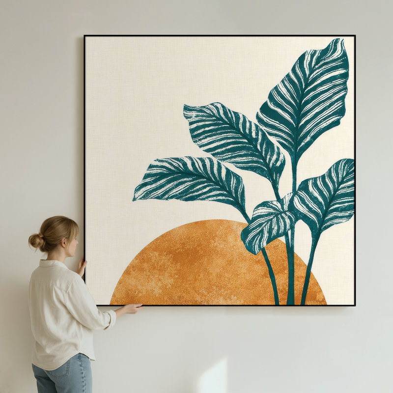 Très grand art mural imprimé sur toile - Feuille tropicale minimale avec accent de soleil doré pour chambre à coucher moderne - «Assemblage requis du cadre (cadre non fini)»