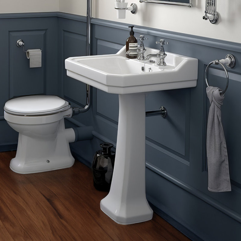 Isabella Collection Traditional Pedestal 23.5" Sink, Rectangular Bowl, Backsplash, Dual Soap Ledges, Decorative Trim and Overflow
