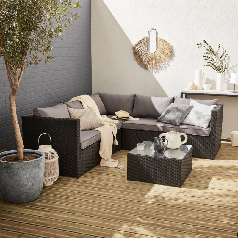 5-Seater Rattan Garden Furniture Sofa Set Table, Grey, Black