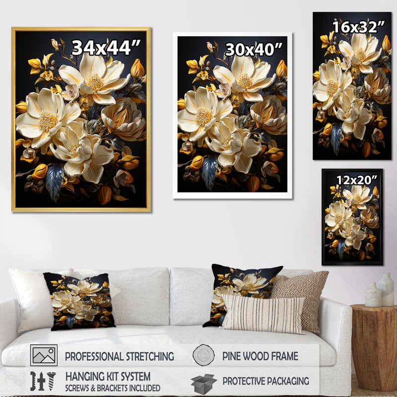 «Majestic Golden Yellow Magnolias I» sur toile, Cadre doré simple, H 40 po x l 30 po x P 1,5 po
