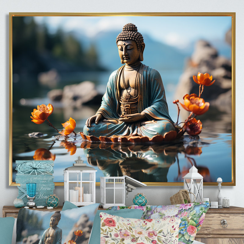 Art zen Bouddha tranquille en méditation II - Bouddhisme, Cadre flottant doré, H 24 po x l 32 po x P 1 po