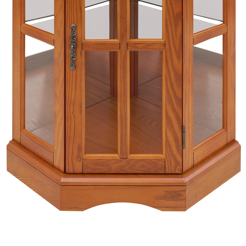 70.5" Corner Curio Cabinet – 5 Shelves (3 Adjustable) With Lighting System, Tempered Glass Doors (oak), Oak
