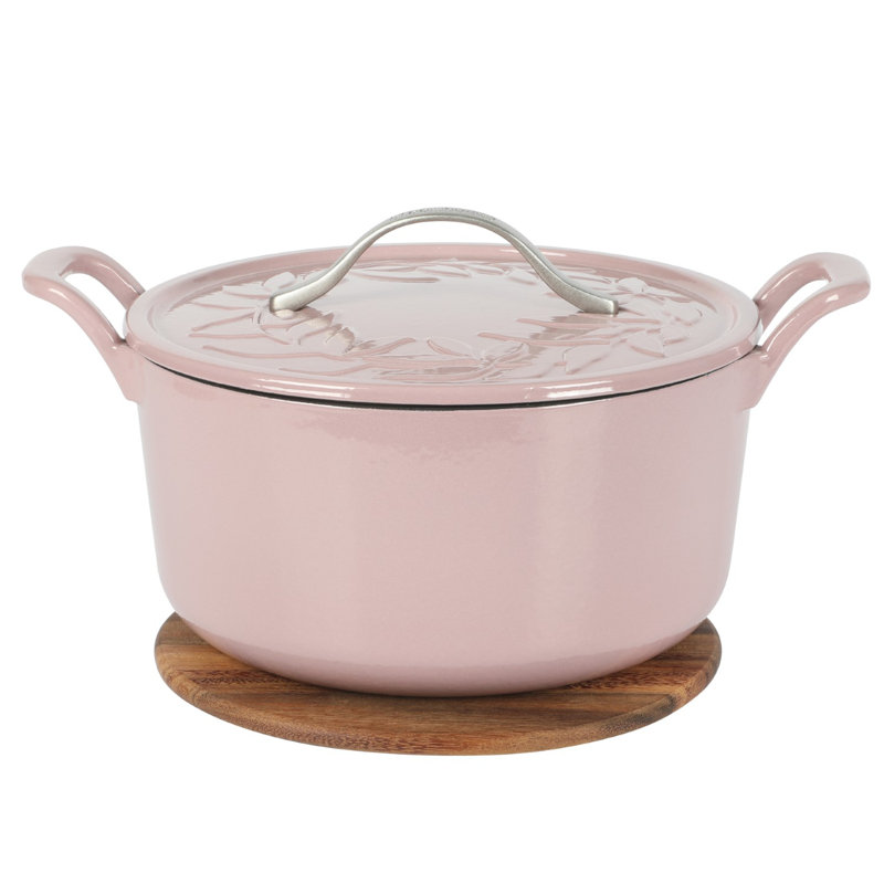 Bloomhouse 7 Qt Cast Iron Dutch Oven w/ Lid, European Enamel, & Walnut Wood Trivet - Oat White, Pink