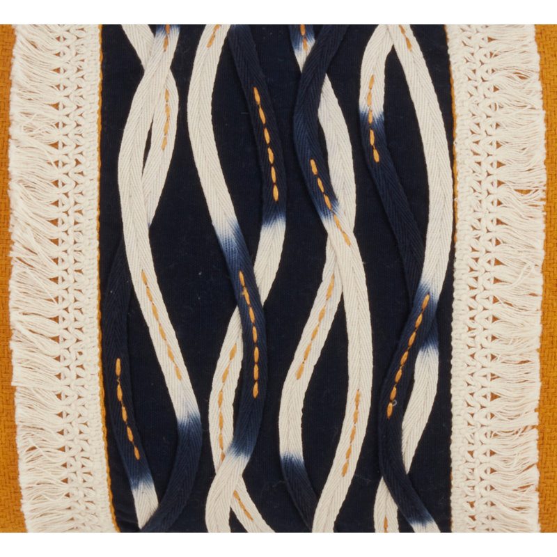 Mustard and Navy Wavy Stitched Rectangular Throw Pillow