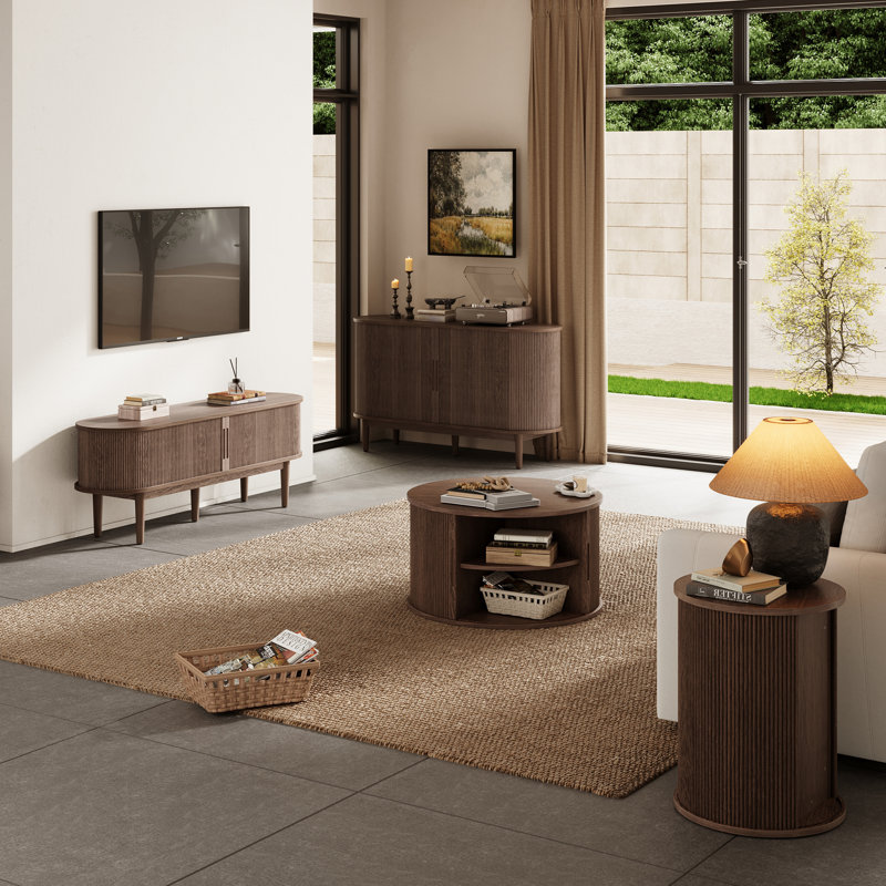 Leathia Fluted Coffee Table Round With Large Storage, Standard Top/1 Cabinet, Walnut