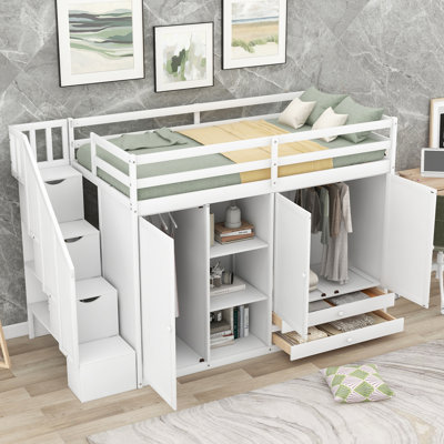 Lit mezzanine fonctionnel avec 3 tablettes, 2 armoires, 2 tiroirs et rangement pour échelle, sans sommier, blanc