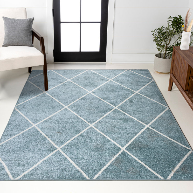 Bertrice Minimalist Diamond Trellis Light Blue/White Rug, Rectangle 3' x 5'
