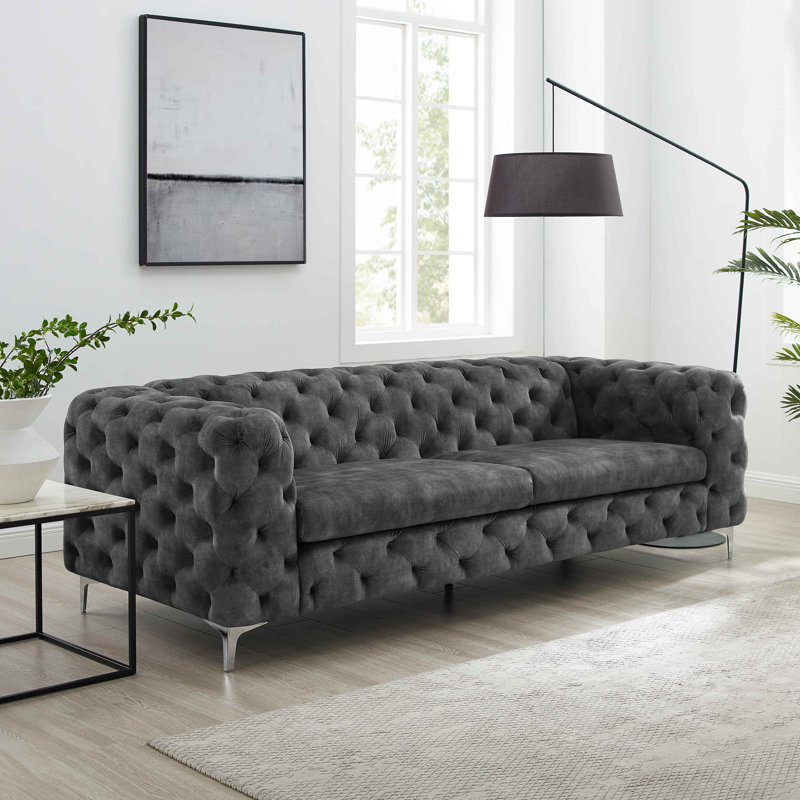 Ghaleb 237Cm Velvet Square Arms Sofa, Dark Grey Polyester Blend, Silver