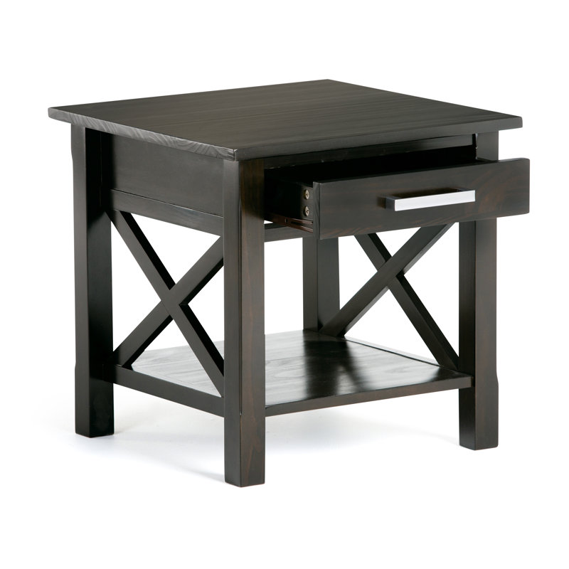 Kitchener Solid Wood Contemporary Narrow Rectangular End Table with Drawer, Open Shelf and X-Design, Hickory Brown