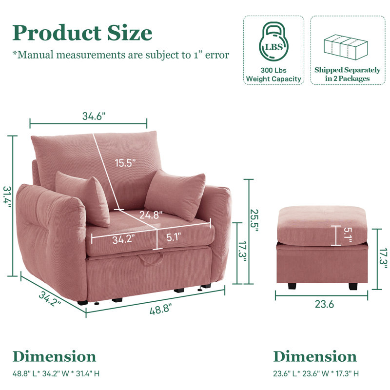 Fauteuil d'appoint moderne en velours côtelé, siège unique avec accoudoirs, Velours côtelé rose