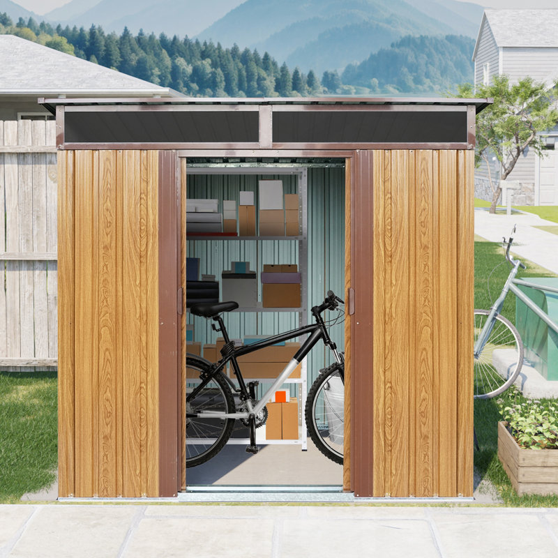 Outdoor Metal Storage Shed with Window, Transparent Panel & Free Accessories – Corrosion-Resistant Garden, Lawn Shed, Coffee