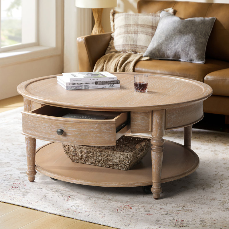 Nikolaus 39.5"W Traditional Solid Wood Base with Caster and Storage Coffee Table, Natural