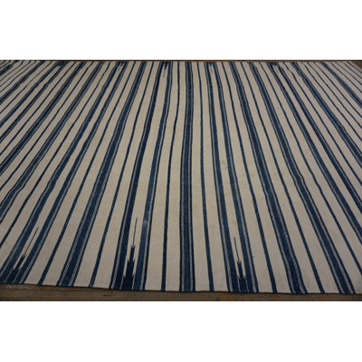 Blue and White Antique Allover Geometric Stripes Cotton Flat Weave Indian Dhurrie Rug