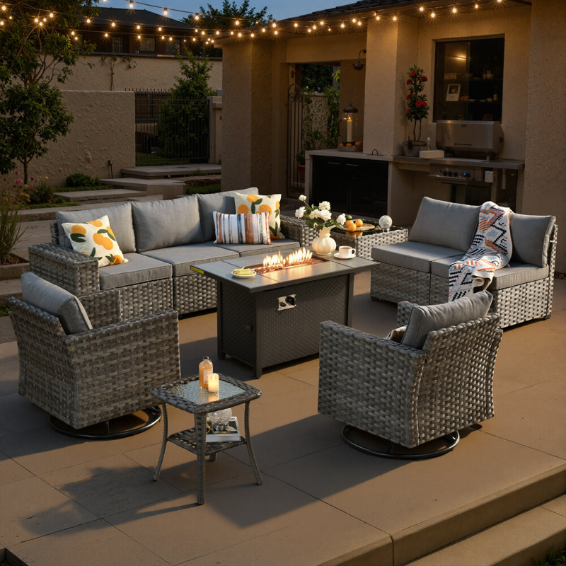 Ensemble de conversation de patio 10 pièces avec chaises berçantes pivotantes Bobia, ensemble de conversation avec foyer extérieur