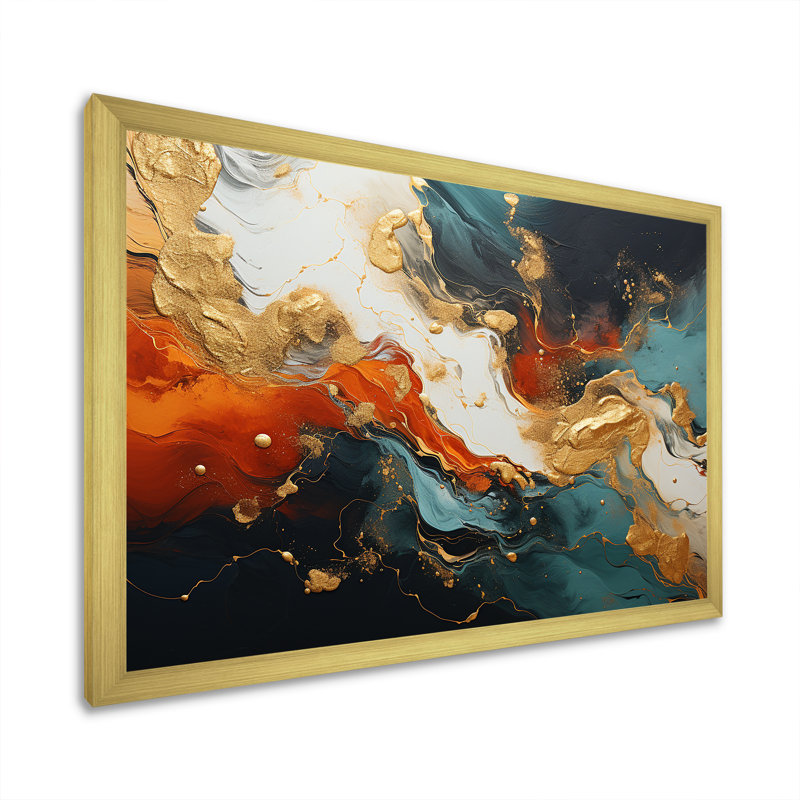 Bleu et or tempête de marbre II - art mural abstrait, Cadre d'angle fermé doré, H 16 po x l 32 po x P 1 po