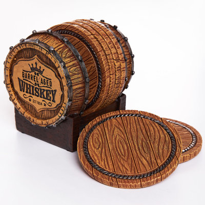 Set of 6 full-size whiskey coasters with barrel-style holders