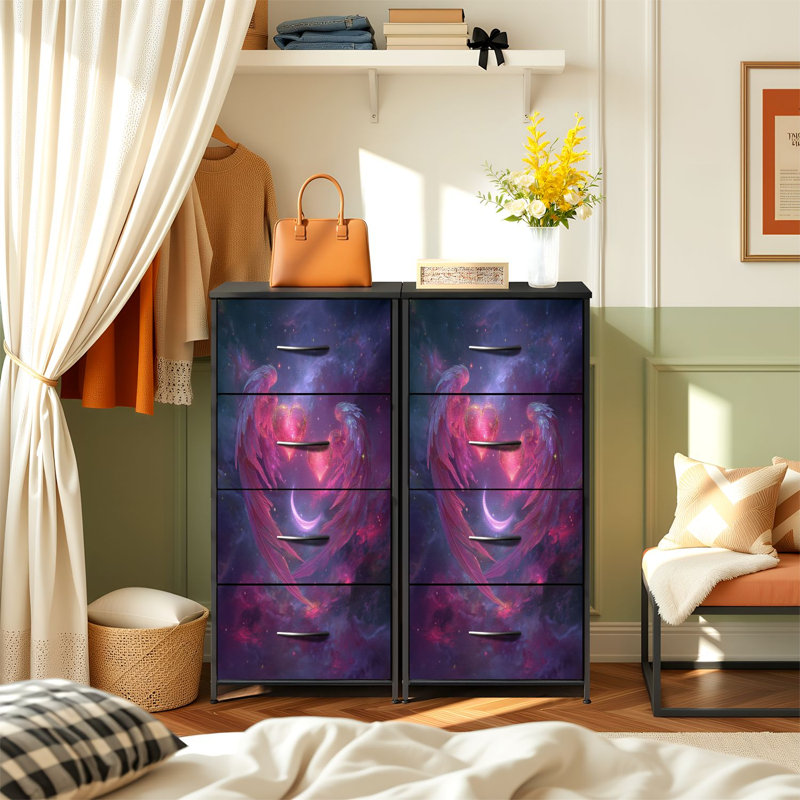 Commode romantique pour la chambre à coucher avec 4 tiroirs de rangement Fantastique cœurs simples romantiques, commode à ailes d'ange, commode en acier avec cadre de placard pour vestibule