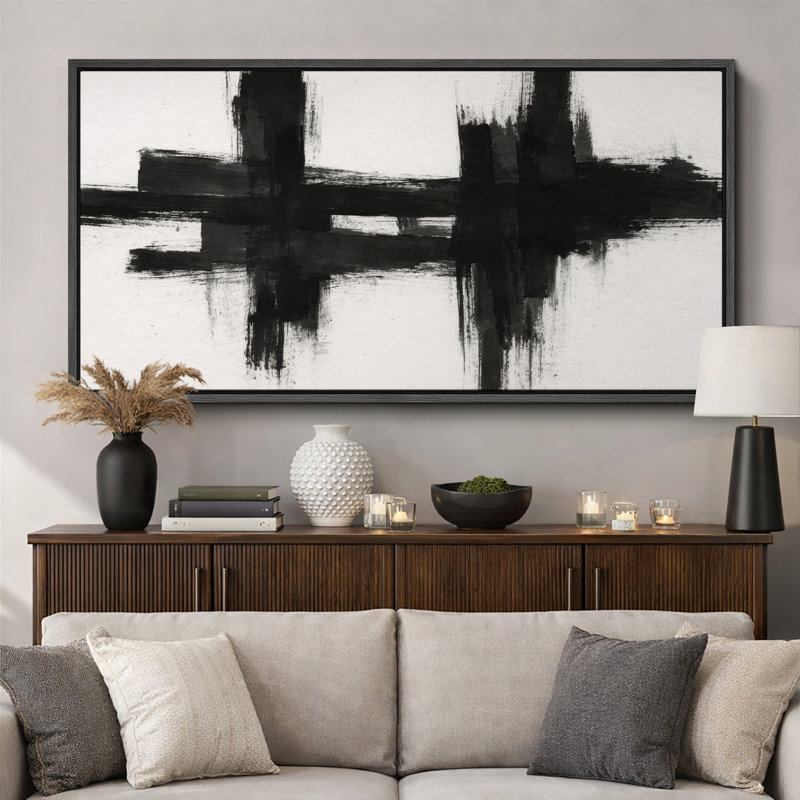"Bold Black Artwork", salon moderne, impression sur toile encadrée, H 30 po x l 60 po x P 1,5 po, Cadre noir