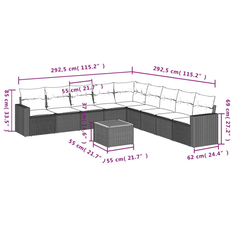 Ensemble de canapé de patio 10 pièces avec coussins en rotin de polyester, Gris, Marine