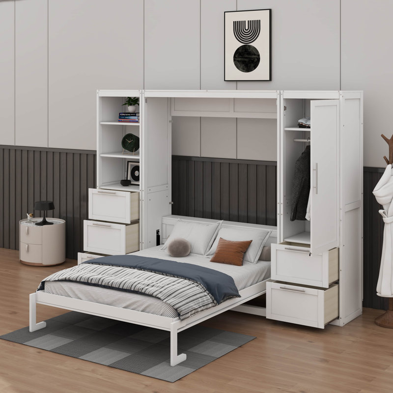 Grand lit escamotable avec tiroirs et tablettes, Blanc