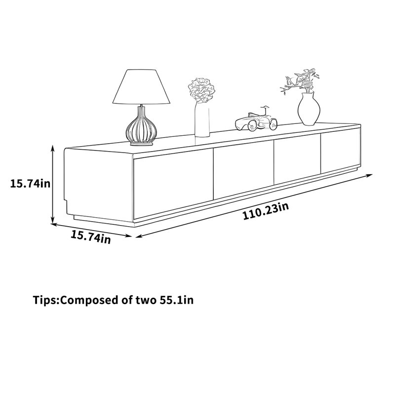 Meuble télé multi-tiroirs avec base pleine, H 15,74 po x L 110,23 po x l 15,74 po, Noir / brun clair