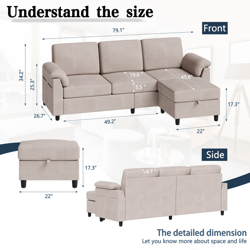79" Upholstered L-Shaped Sofa with Ottoman , Milk Coffee Linen