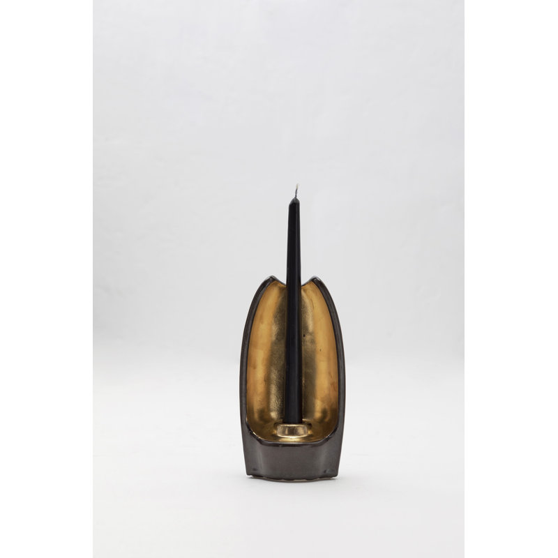 Absoluto Decorative Ceramic Candleholder In Dark Green Glaze With Gold Luster Details, By Andean, In Stock, Dark Green