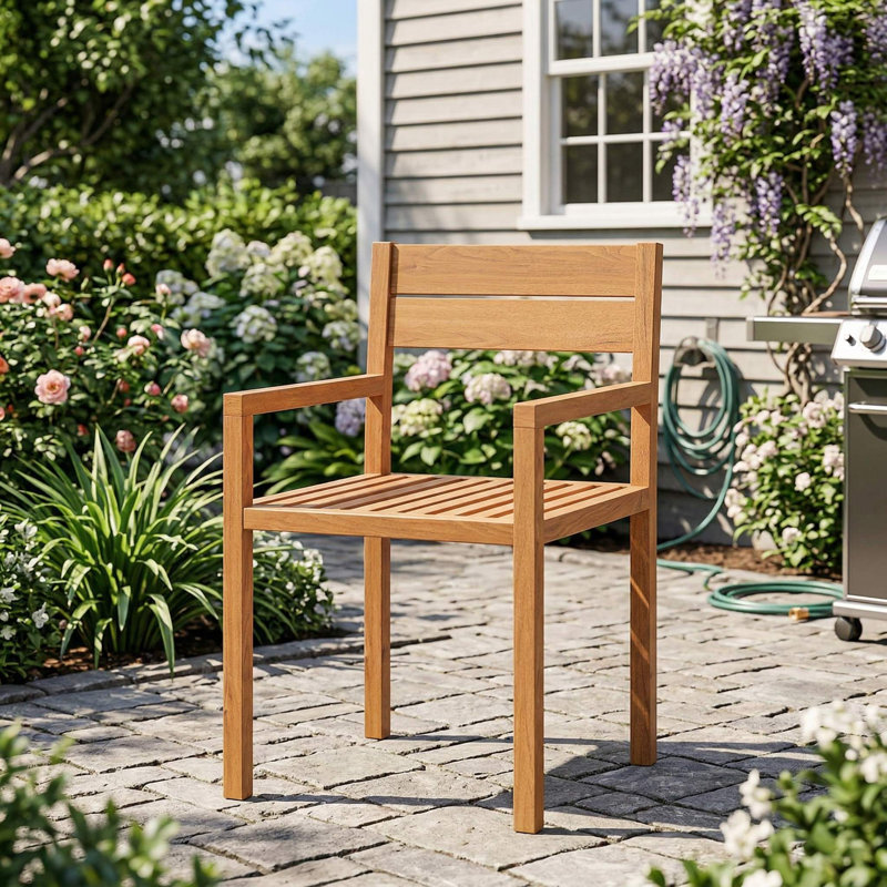 Fauteuil de salle à manger d'extérieur en bois de teck massif, surface à lattes résistante à l'eau et accoudoirs ergonomiques incurvés, convient aux espaces de patio, de cour, de terrasse, de porche, de jardin, de piscine