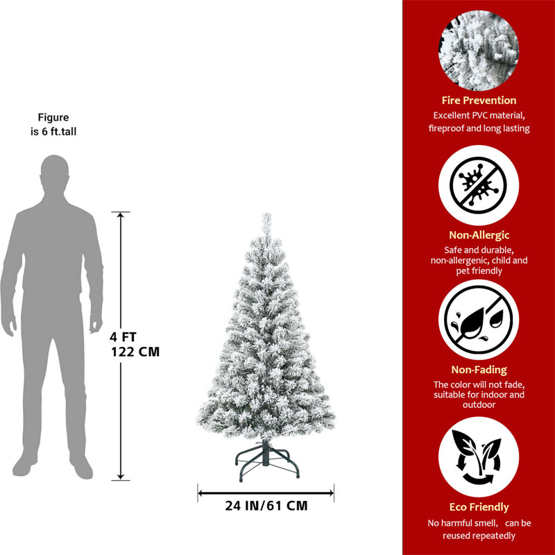 Arbre de Noël floqué avec des extrémités abondantes et un support robuste, idéal pour les décorations des Fêtes à la maison, au bureau ou dans un appartement