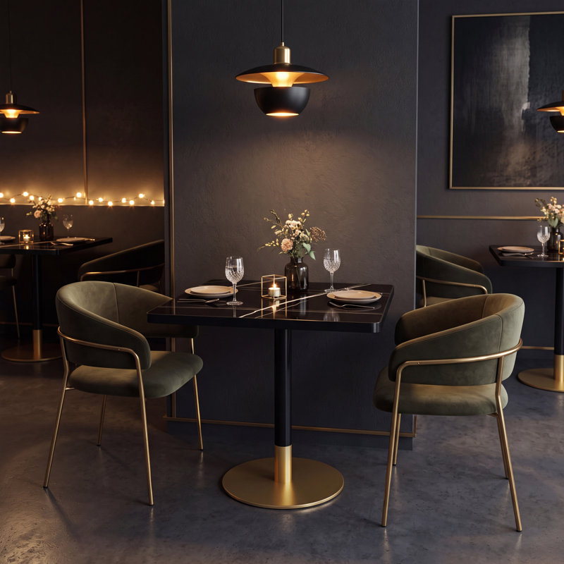 Table de salle à manger carrée en pierre frittée avec piédestal doré noir, Noir